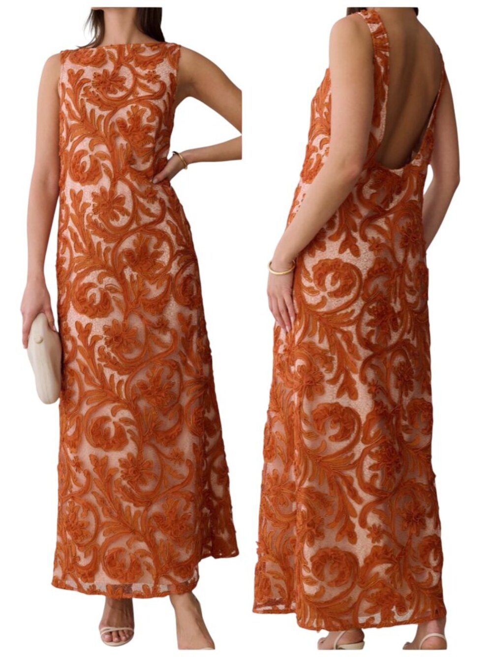 OPT Leanne Dress Large Burnt Orange Open Back Lace Maxi Gown NWT